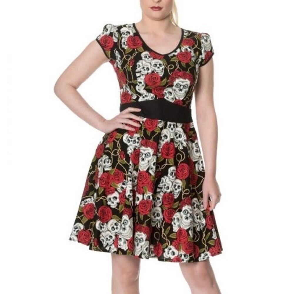 Banned Apparel Skulls & Roses Rockabilly Dress L Fit & Flare Goth Retro Pinup